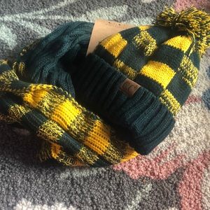Cc beanie Green and gold scarf and hat set
